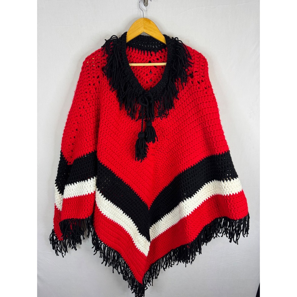 Vintage Handmade Crochet Poncho Red Black White Striped Fringed Tassel Boho